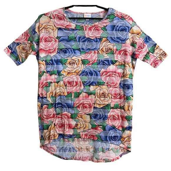 LuLaRoe Women IRMA Top Small Tunic All Over Rose Print High Low Multicolor EUC - Picture 1 of 12